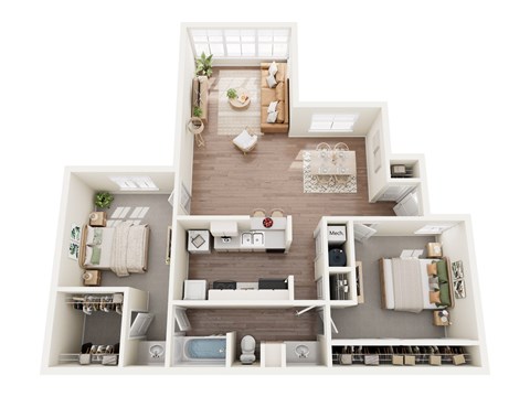 Floor plan for 2 beds, 1 bath, 937 sqft